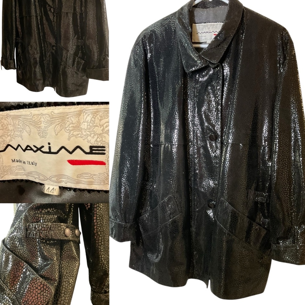 MAXIME ITALIAN BRAND WOMENS LEATHER BLACK‎ SHINY JACKET. SIZE 44(Italian) 8 USA